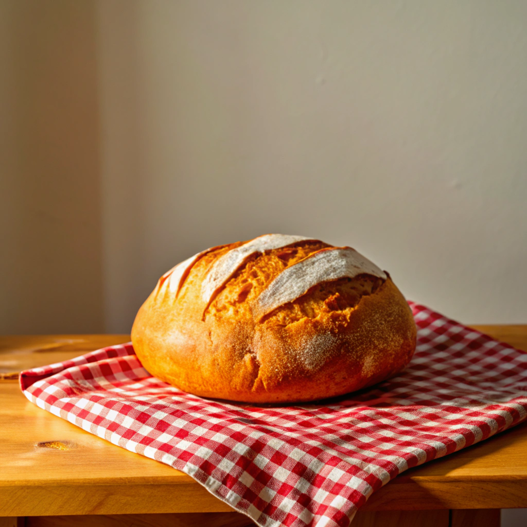 a tasty home-made  loaf of bread, in the wide light room